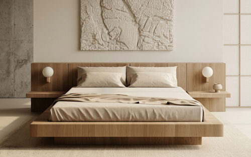 Cama Espaldar de Madera con Repisas